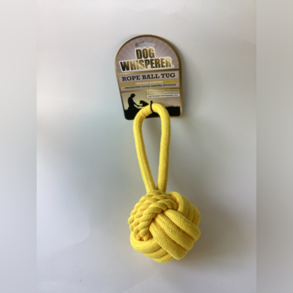 Dog Whisperer ~ Yellow Rope Ball Tug ~ Chicken Scented ~  Dog Toy